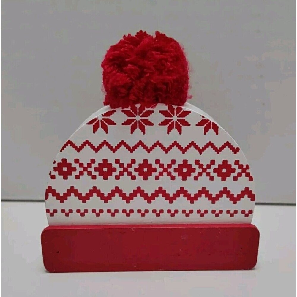 Red & White Wooden Stocking Cap/ Tassel Decor 4"X4"X1"